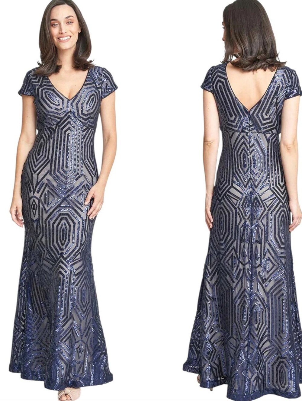 R&M Richards Silver Sequin Fishtail Gown